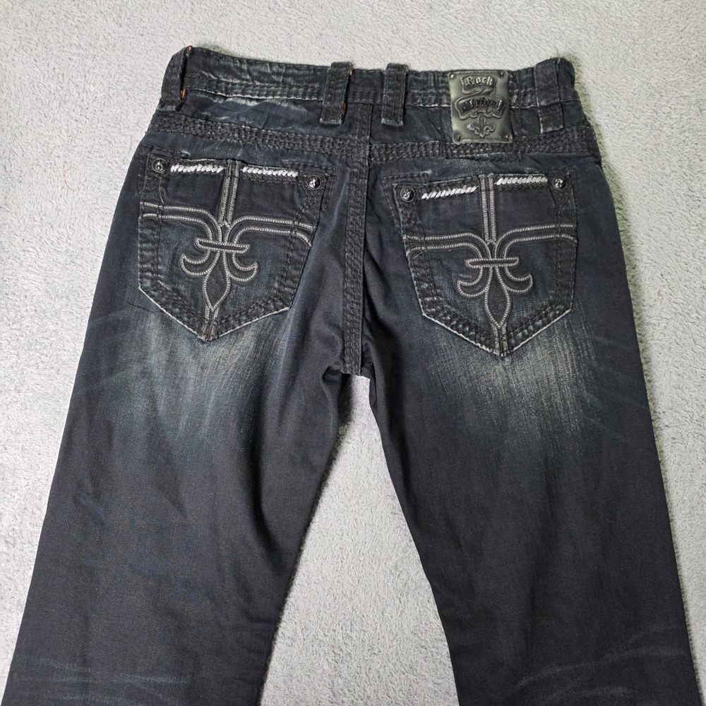 Rock Revival Mens 33 Quintus Bootcut Jeans Black Dark Wash Fleur De Lis E8822B9R